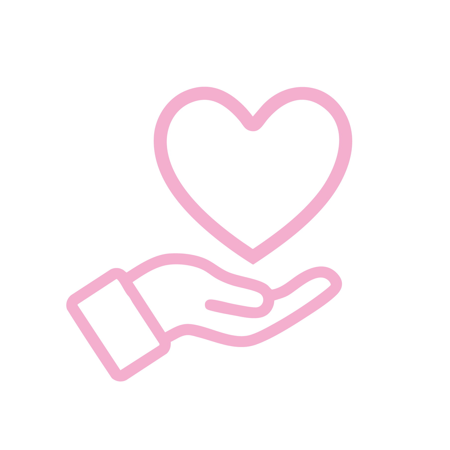 A pink outline of a hand holding a heart-shaped object on a white background.