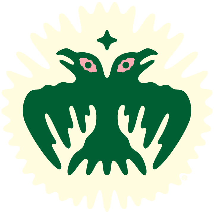 A stylized logo of a green frog with pink eyes and a white background, featuring a star-like symbol above its head.