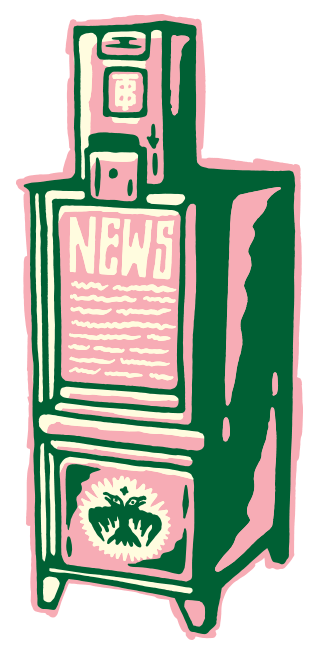 A newspaper vending machine with a news paper on the front and a moth logo at the bottom.