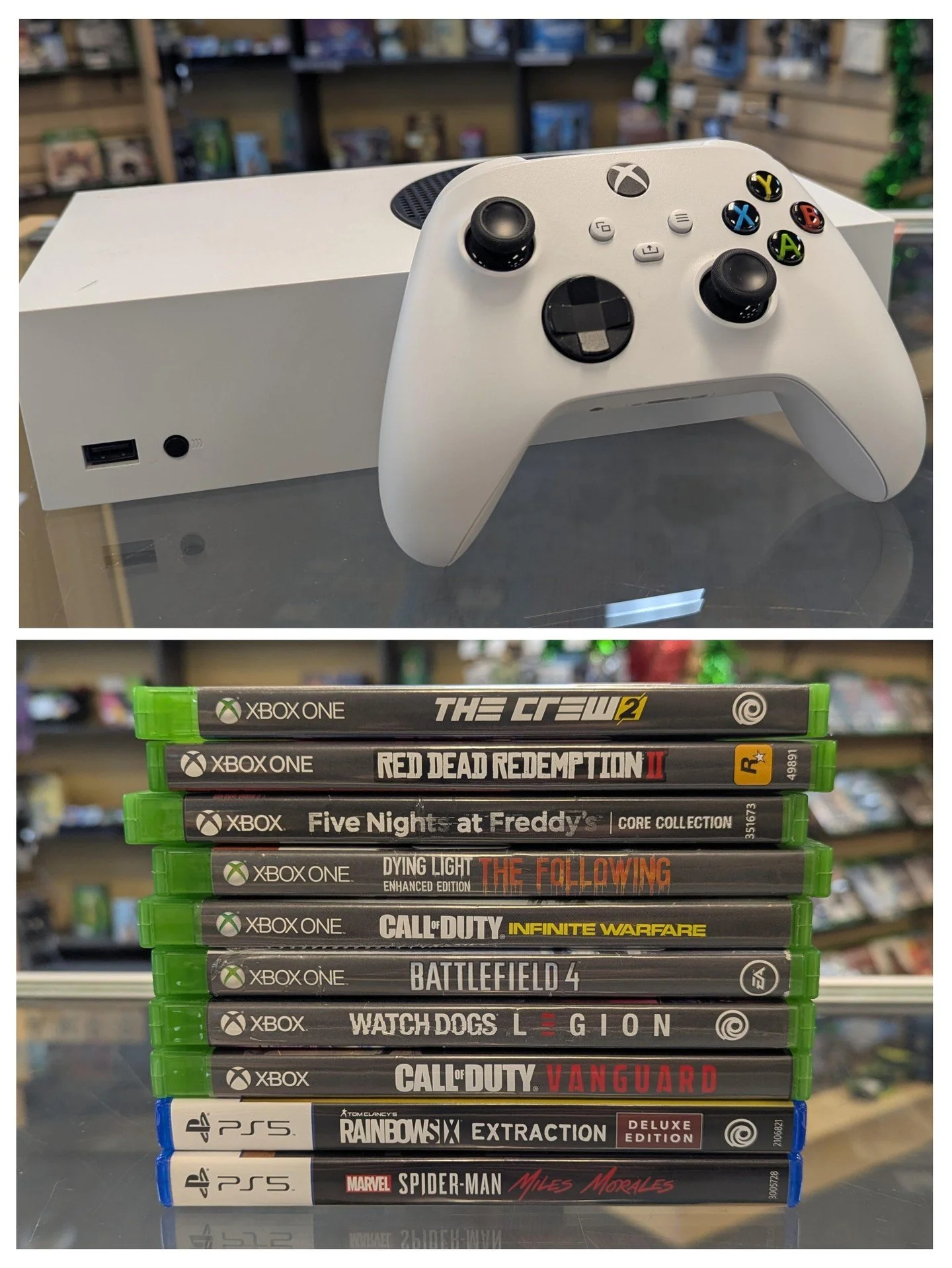 Trade-ins from today-- Including an Xbox Series S, a variety of XBox games and some Playstation games!

#shoplocal #xboxseriesS #games