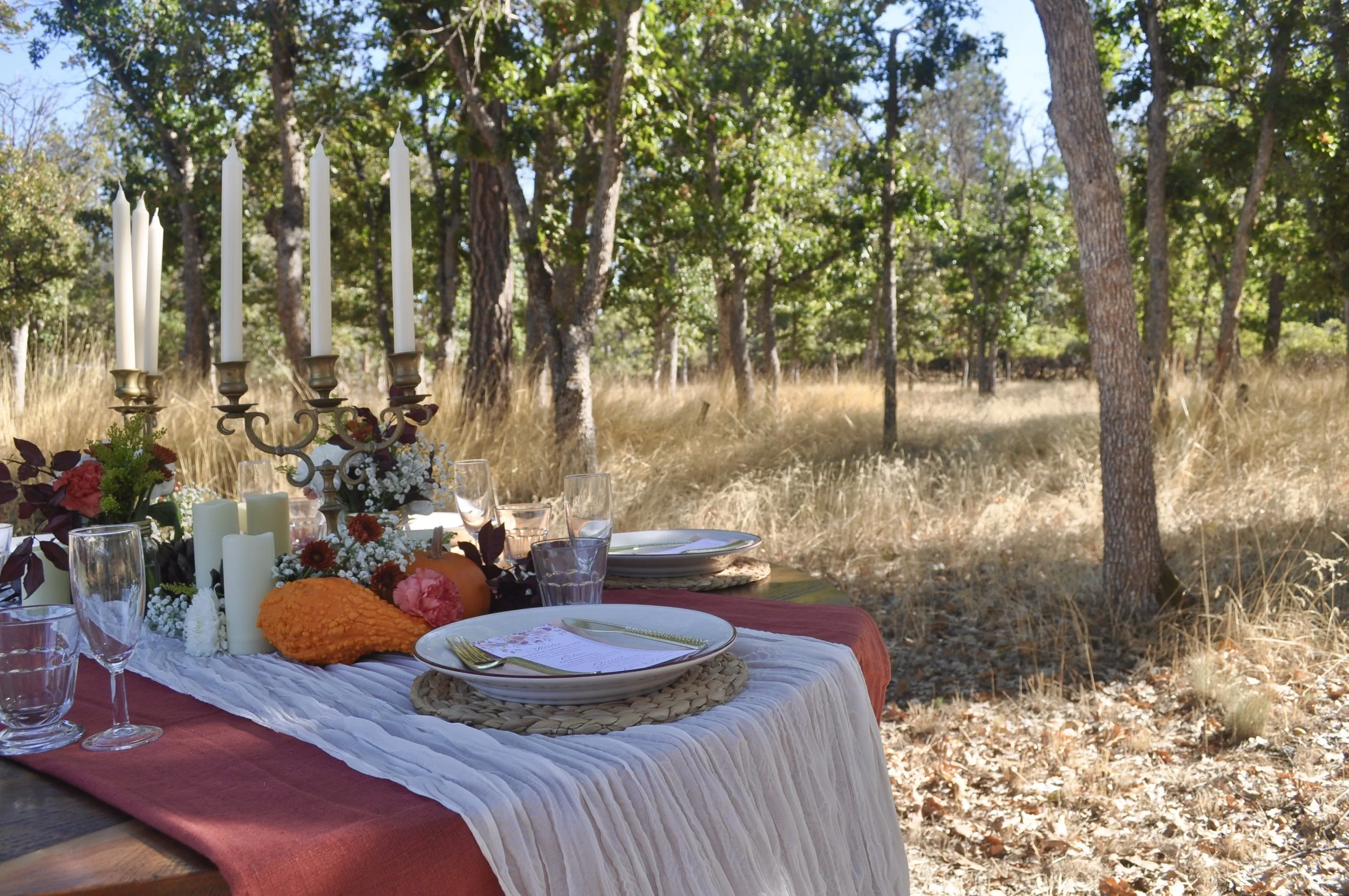 Outdoor dining table set with flowers, candles, and plates in a wooded area