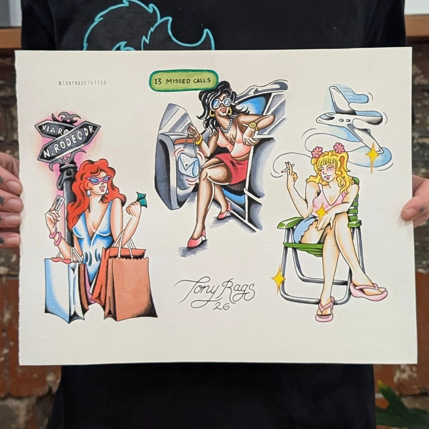 New flash, based on that one part in The New Workout Plan 

All available to be tattooed

#tattooflash #pinup #painting #aeroplane #shopping