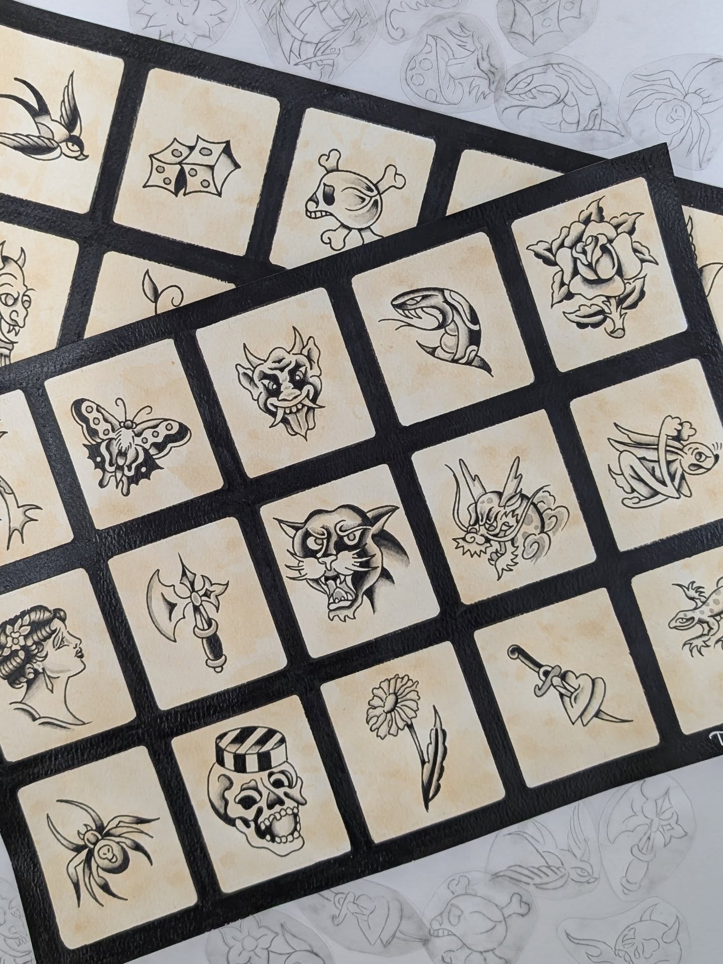 Some new flash and acetate stencils I made this week, all these are based on vintage tattoo designs from the 1920's-70's. 
Before we had carbon paper and iPads, tattoo artists would carve the stencil design on clear plastic and rub in charcoal to tra