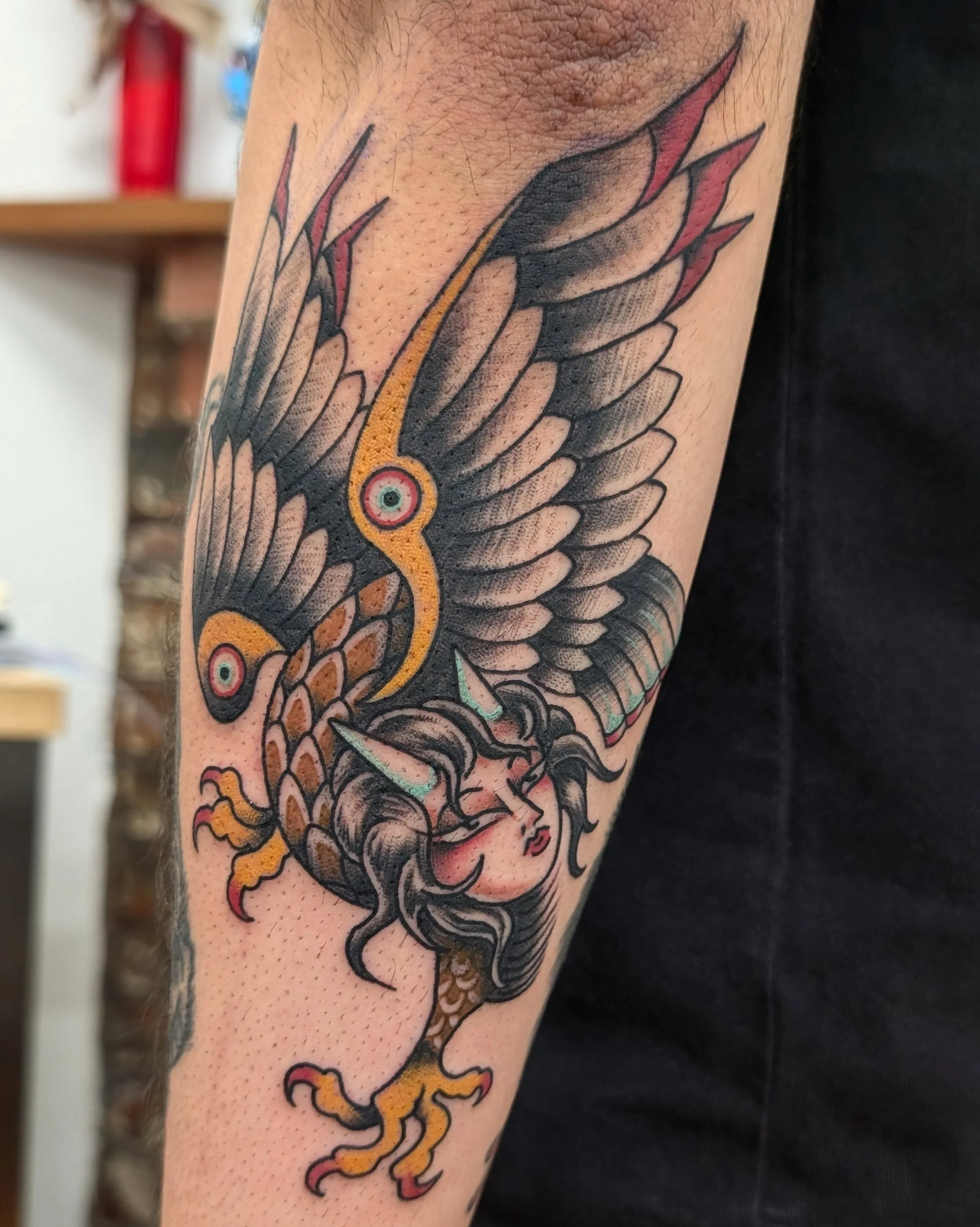 Tattoo apprentice @severino.ink came by @la.rue.gallery today and picked this from my flash

I have heaps more available, come by and check them out
Or DM for bookings 

#tattoo #traditionaltattoo #bird #harpie #girlface
