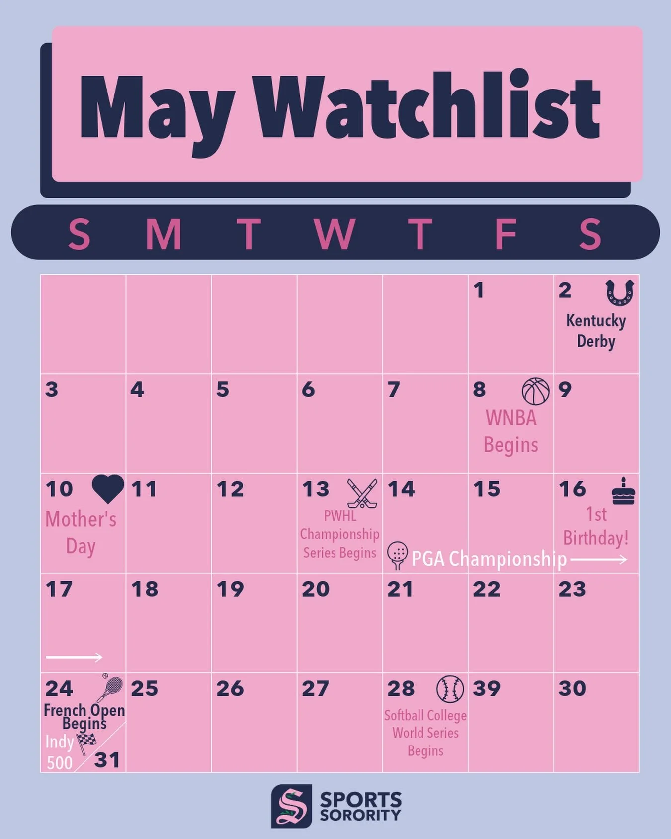 New month, new look 👀📅
We&rsquo;re switching things up&mdash;your Sports Sorority watchlist is now dropping once a month so you can see everything worth watching in one place.

May means the Kentucky Derby 🐎, the French Open 🎾and some of the best
