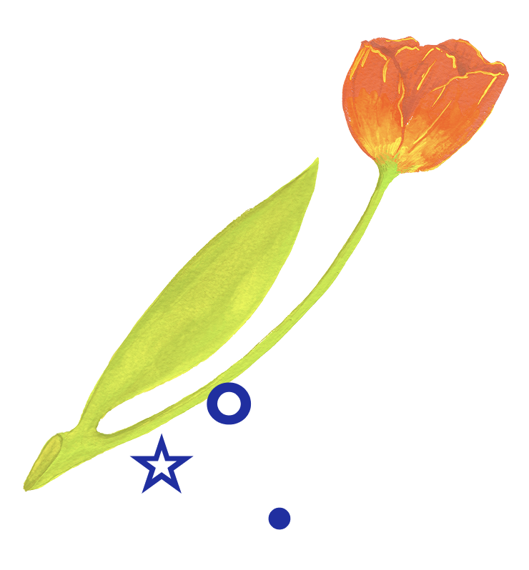 A painting of an orange flower with green leaves.