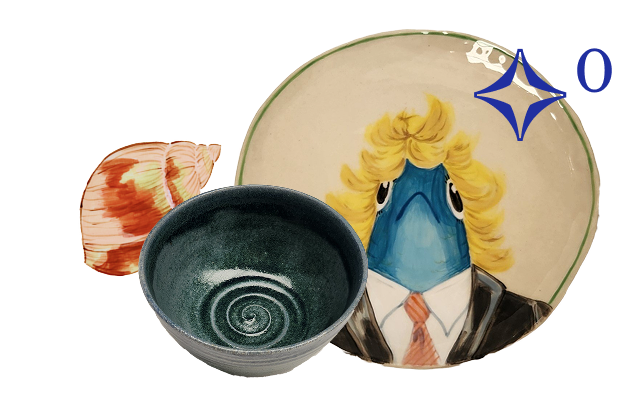 A set of three ceramic items: a painted plate featuring a cartoon duck dressed in a suit and tie, a matching bowl with a spiral design inside, and a shell-shaped dish with pink and white patterns.