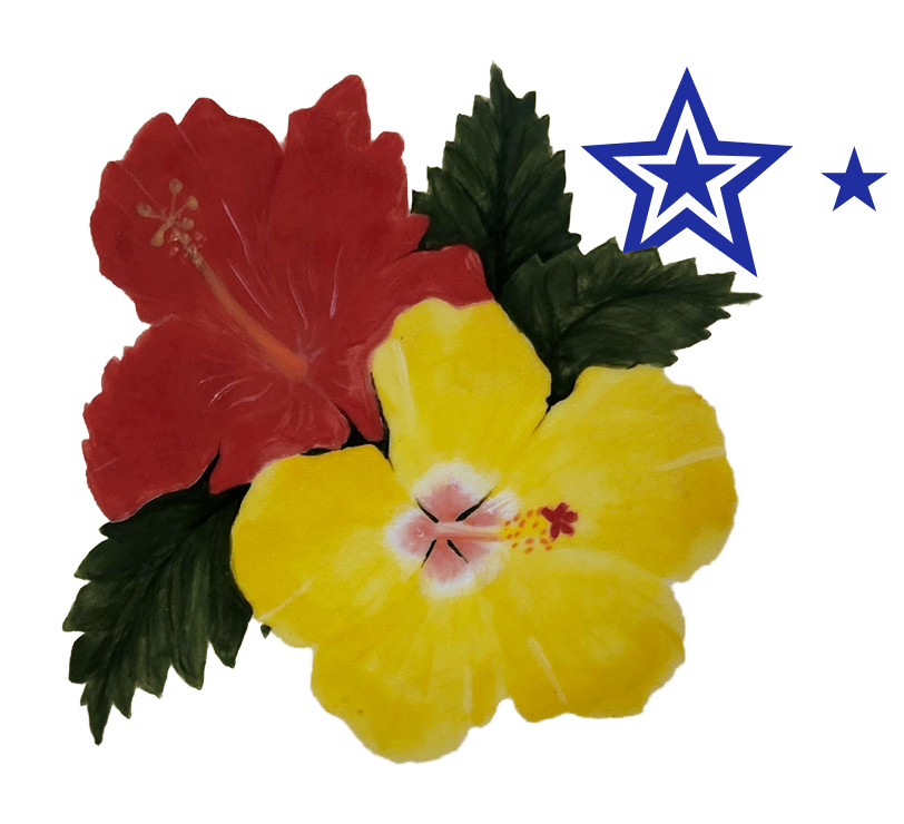 A watercolor painting of two hibiscus flowers, one red and one yellow, with green leaves.