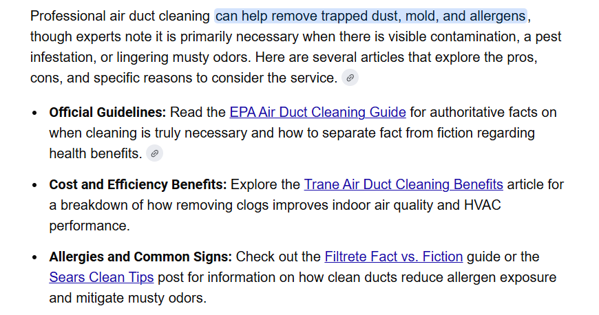 Screenshot of a document discussing professional air duct cleaning, including benefits, guidelines, and tips for reducing allergens and improving indoor air quality.