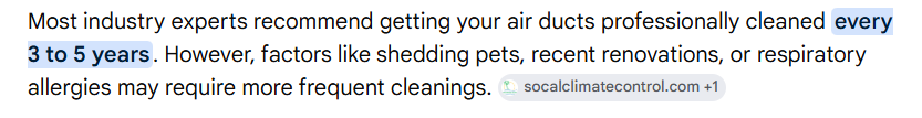 Text about recommended air duct cleaning every 3 to 5 years, with factors affecting cleaning frequency.
