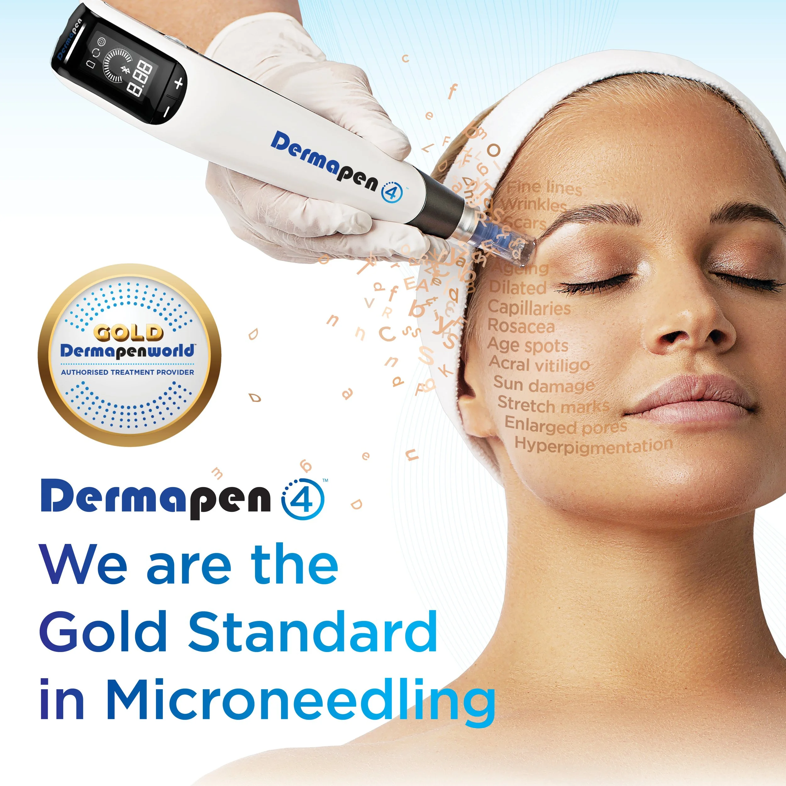 A woman receiving a facial micro-needling treatment with a DermaPen device. The skin on her face highlights common skin concerns such as fine lines, wrinkles, age spots, and hyperpigmentation. There are promotional texts stating DermaPen as the gold standard in microneedling and an emblem indicating it is an authorized treatment provider.