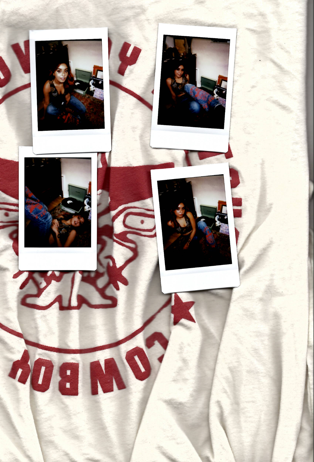 Four Polaroid photos of a woman with dark hair and makeup, wearing a black top, sitting and lying on a carpeted floor with a record player and a computer in the background, placed on a white cloth with red text and a star design.