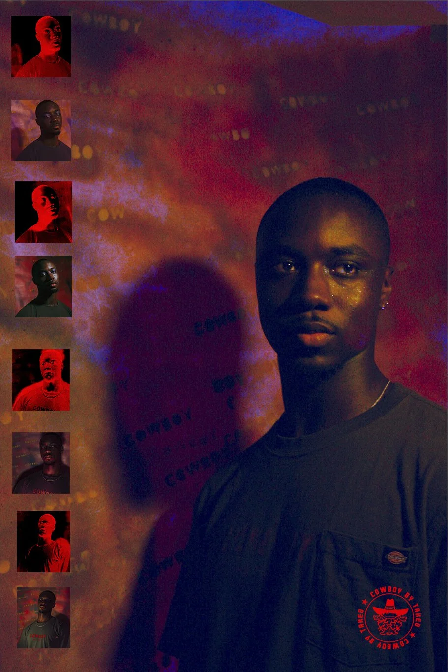 A young man with a shaved head and dark skin, standing against a colorful, abstract background with text and shapes. He is wearing a dark T-shirt with a red circular logo on the chest that reads "Cowboy Boy Taked" with a cowboy hat and face illustration.