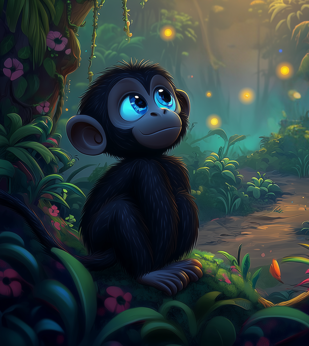 Illustration of Coco, a playful brown monkey swinging from jungle vines with a cheeky grin, bright cartoon style.