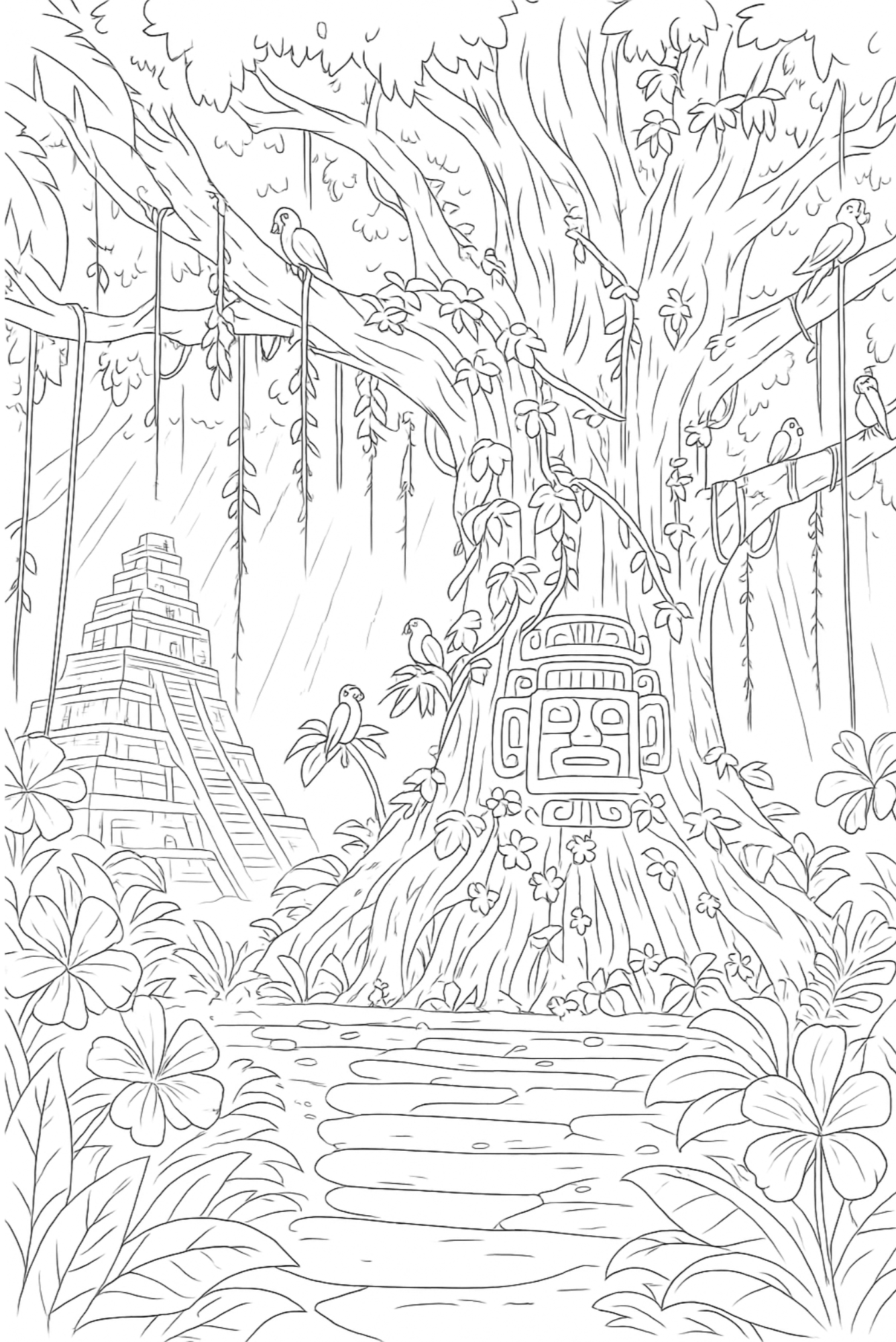Whimsical jungle map showing Saasil and Hidden Hollow, dotted path between, watercolor style with vines and ruins.