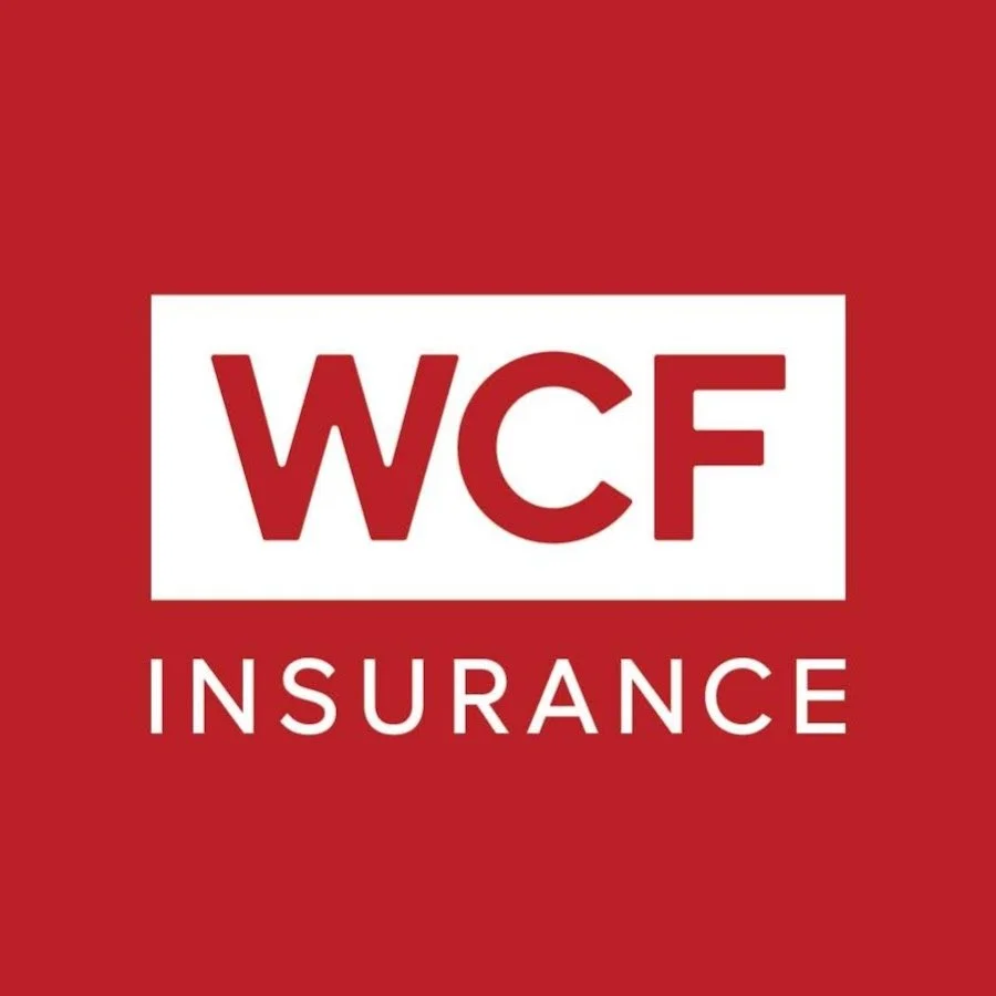 Logo of WCF Insurance with red background, white rectangular box around 'WCF', and the word 'INSURANCE' below.