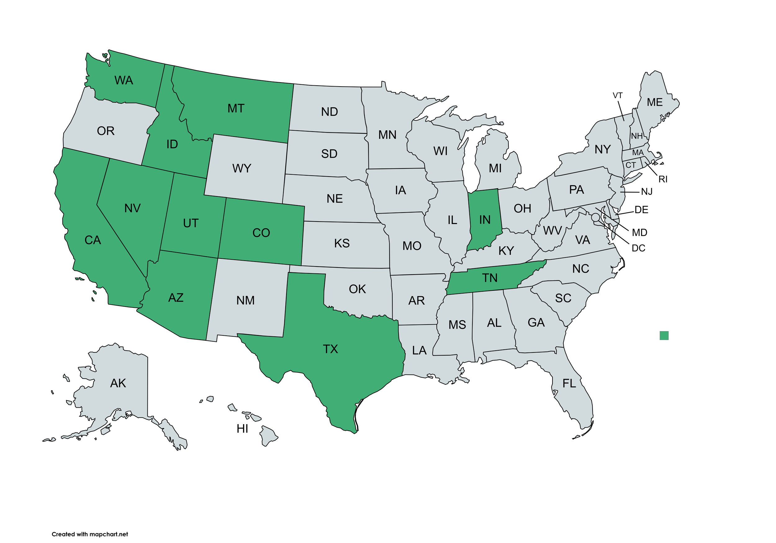 A map showing all of the states where Statement Insurance is licensed, including Nevada, California, Washington, Montana, Idaho, Arizona, Utah, Colorado, Texas, Indiana, Tennessee, and Alaska.