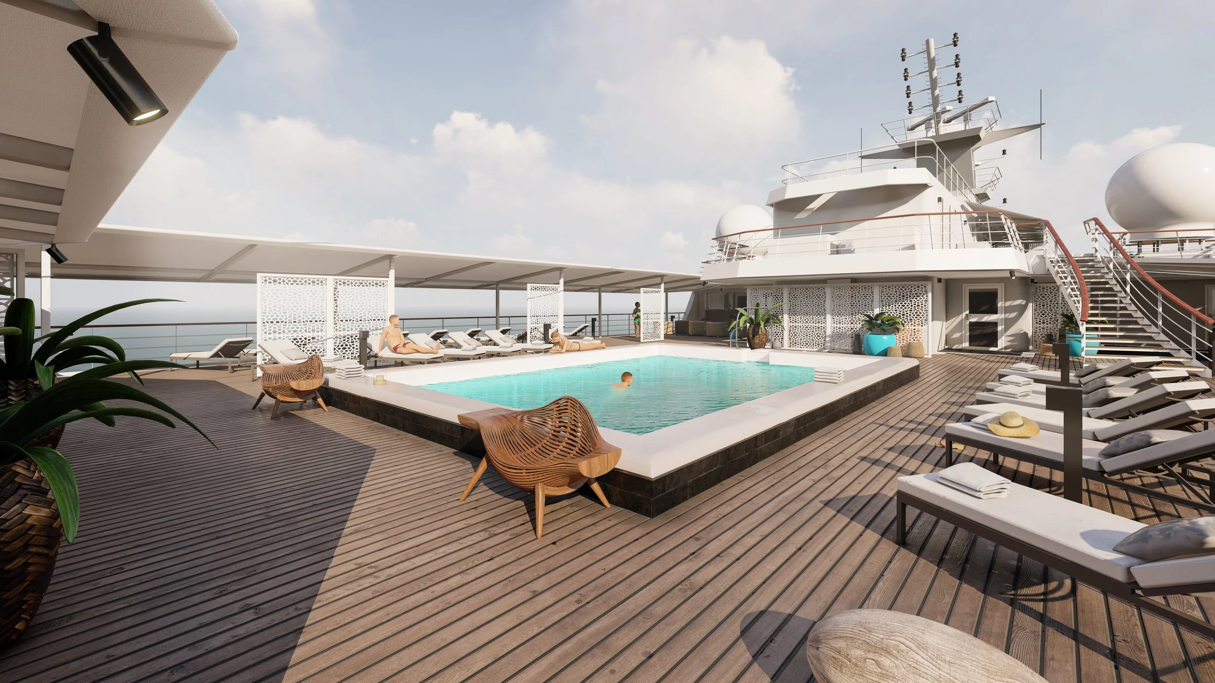 Deck of a cruise ship with swimming pool, lounge chairs, and people relaxing, with the ocean and sky in the background.