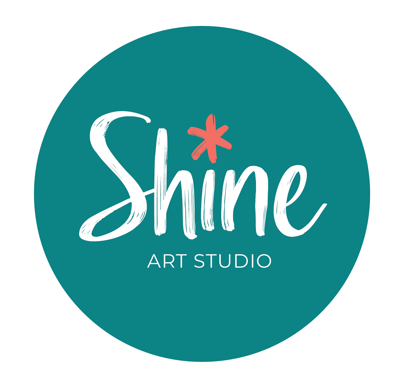 Teal circular logo with the words 'Shine Art Studio' in white, brushstroke font, and a pink asterisk above the 'i' in 'Shine'.