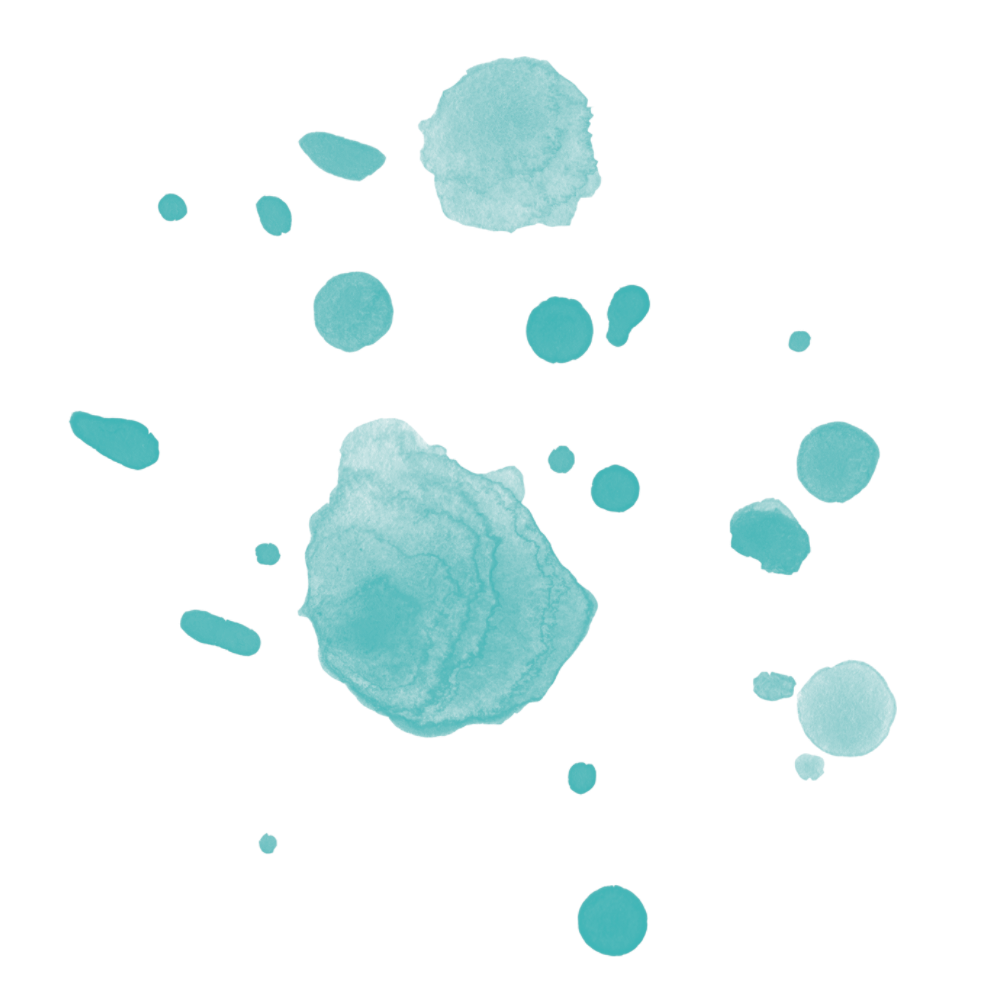 Teal ink splatters on a white background, with the swirling pattern of ink visible inside the larger splatter.