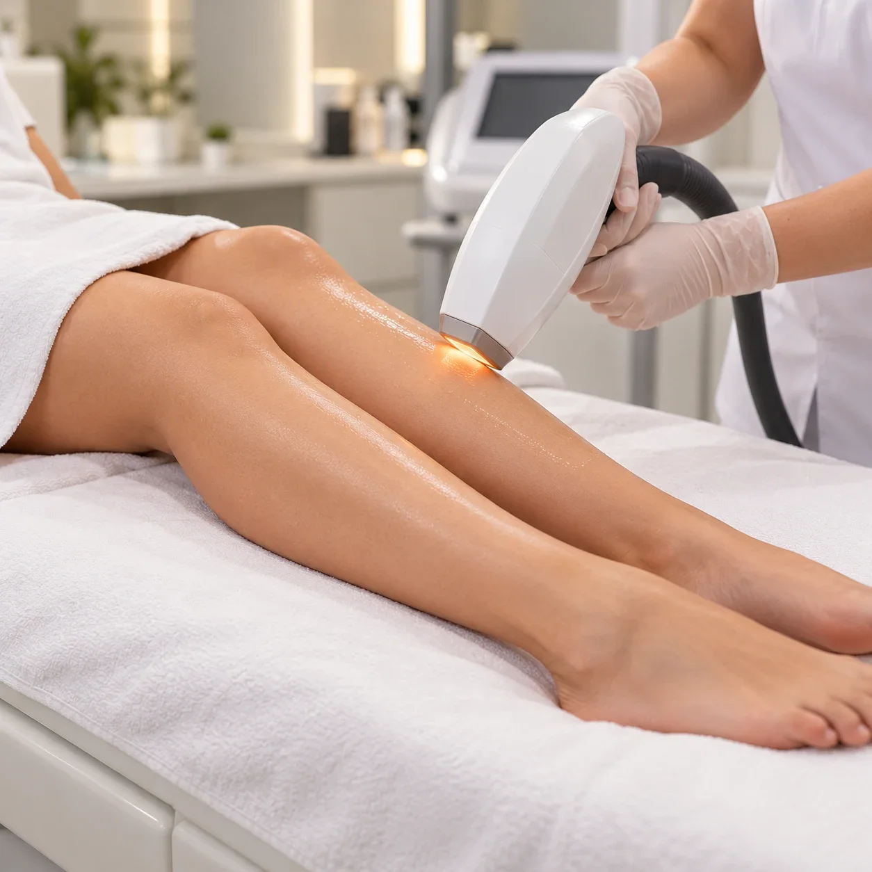 Medical professional applying a black strap to a patient's thigh using a specialized device in a clinical setting.