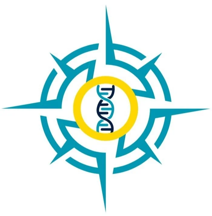 Medical emblem featuring a DNA double helix inside a yellow circle, surrounded by a blue stylized compass rose.