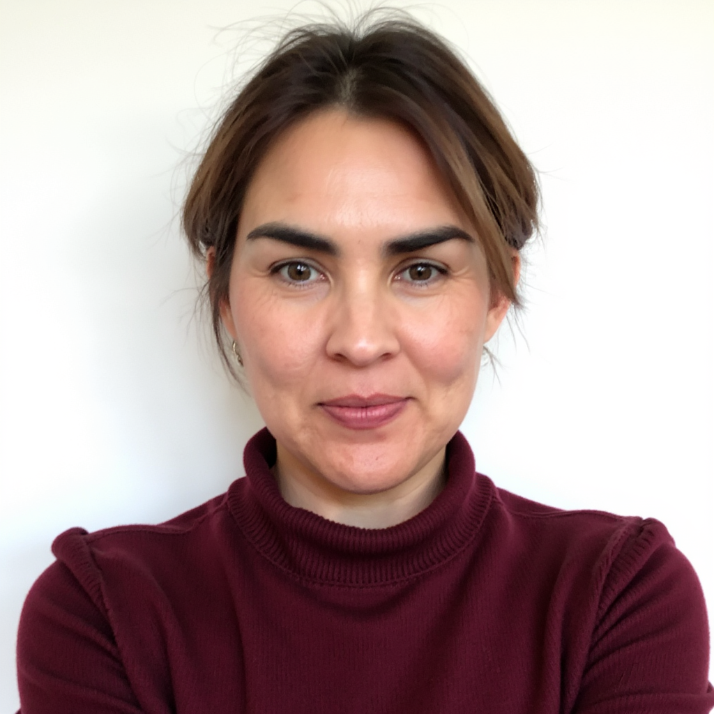A woman with short brown hair wearing a maroon turtleneck sweater, standing against a white background.