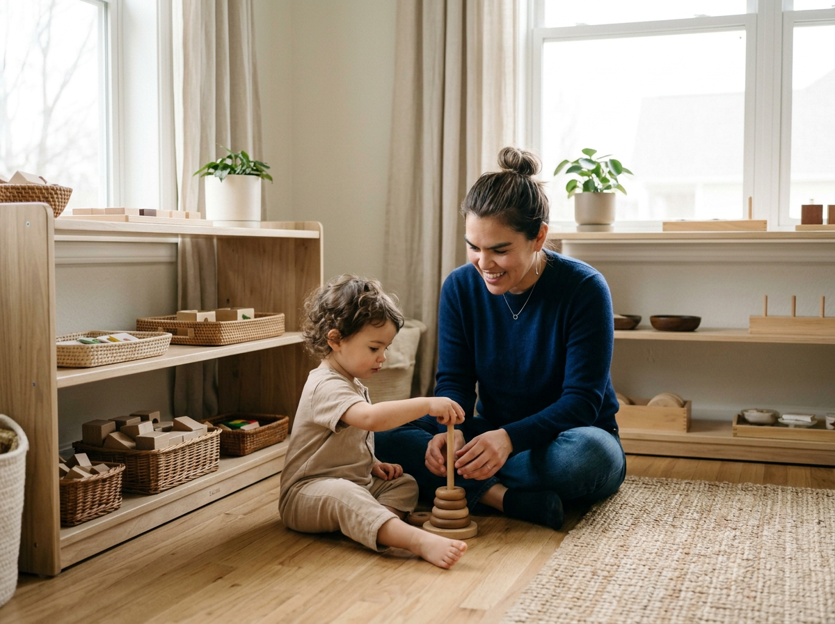 A woman and a young girl playing with wooden stacking rings in a bright, cozy room with natural light, wooden shelves, and potted plants.