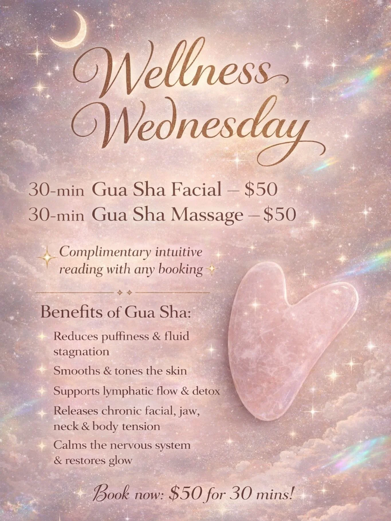 🌙 Wellness Wednesday 🌙

Join me for a midweek reset with Gua Sha rituals designed to support lymphatic flow, release deep tension, and restore glow ✨ for the face and body.

✨ 30-min Gua Sha Facial &mdash; $50
✨ 30-min Gua Sha Massage &mdash; $50
✨