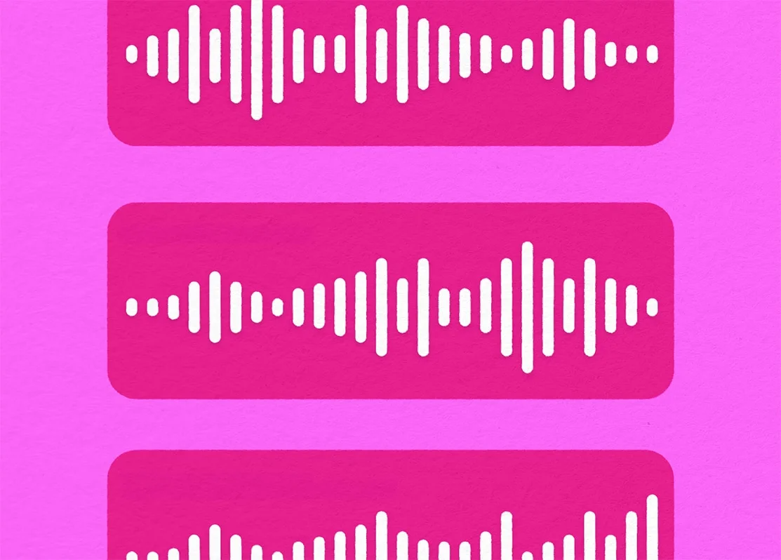 Three pink message bubbles with white sound wave patterns on a light pink background.