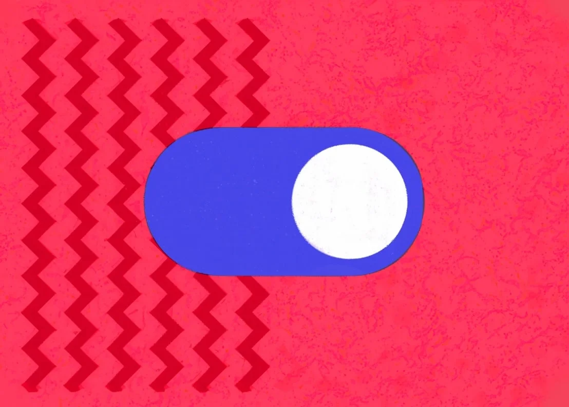 A graphic illustration of a blue toggle switch in the off position on a textured red background.