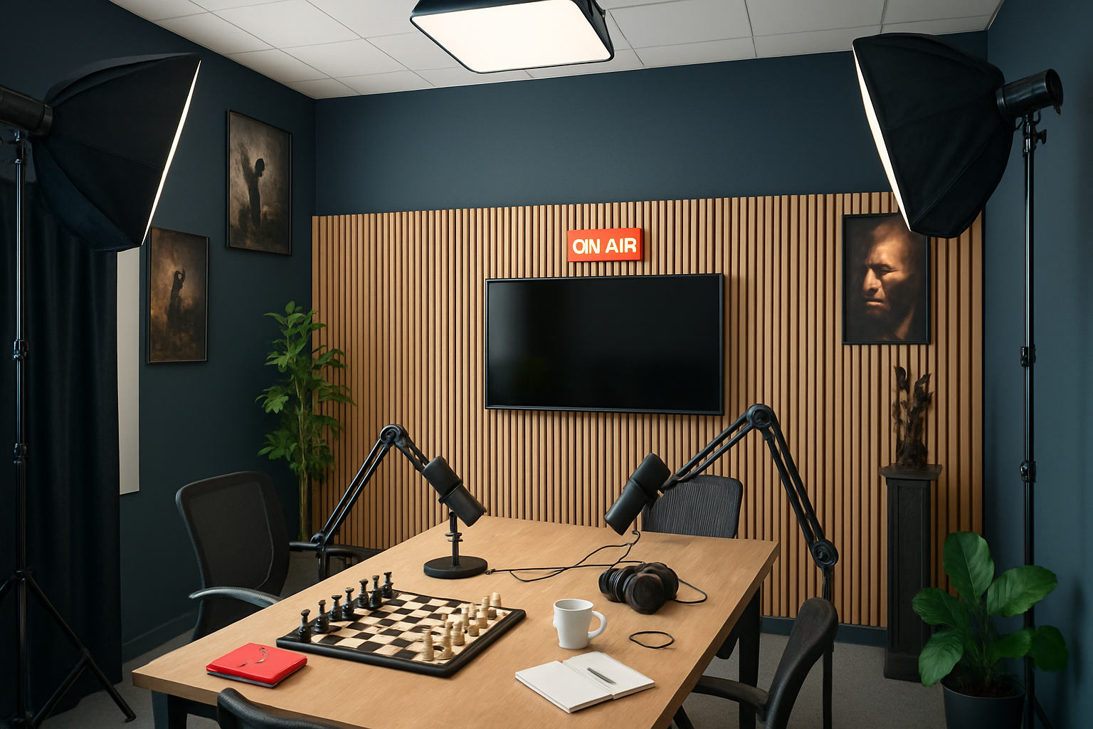 A podcast recording studio with a wooden table, microphones, headphones, a chessboard, a notebook, and a mug. Two studio lights are directed at the room, which features dark blue walls, a television, artwork, and plants.