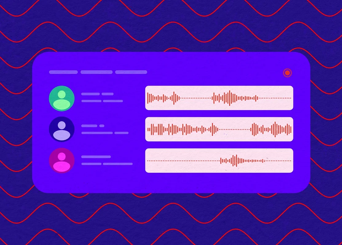 Illustration of a voice messaging app with three contacts, each with a waveform of their voice message displayed. The background has a blue texture with red wavy lines.