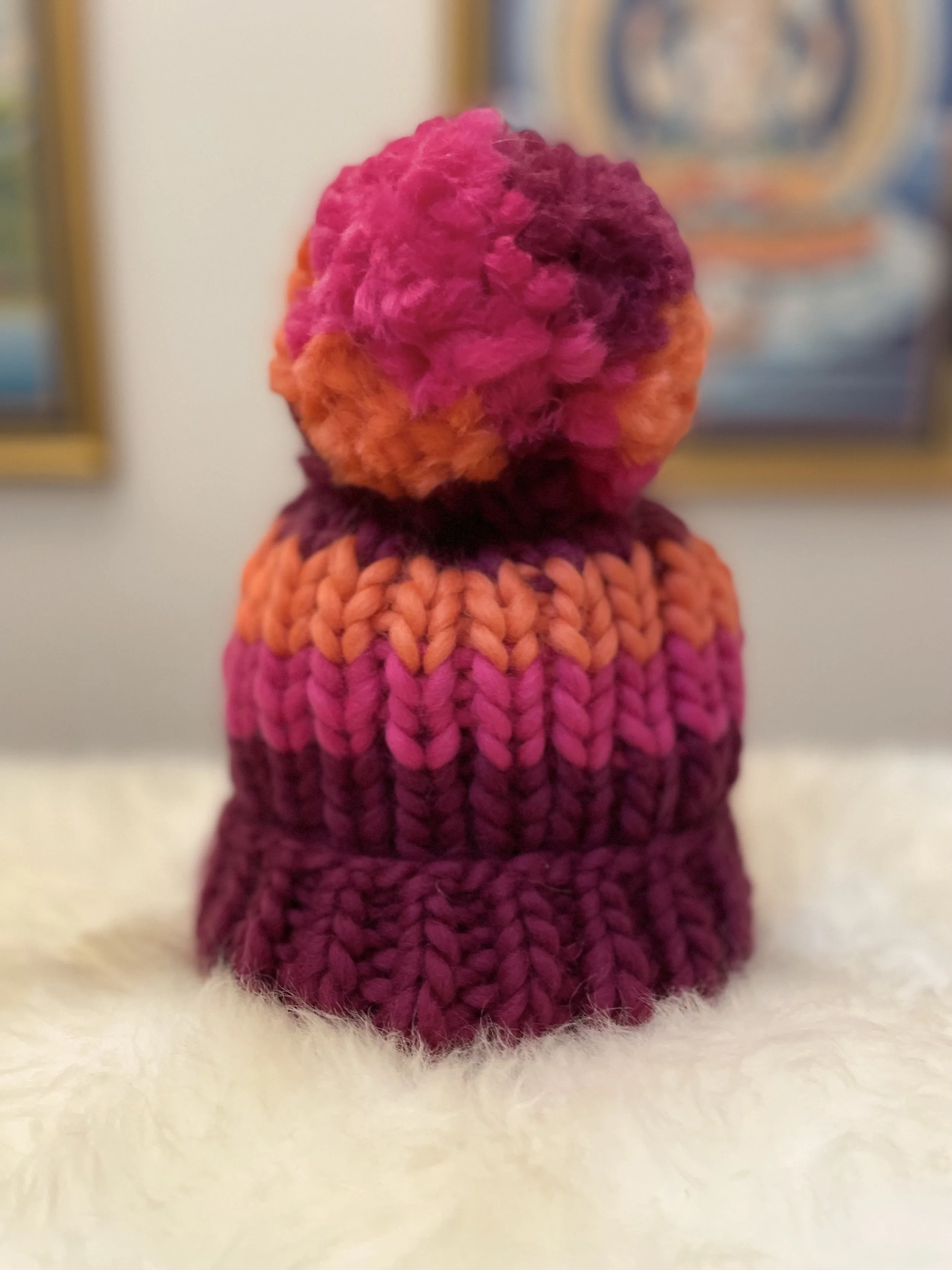Adult Pompom Hat (Raspberry/Hot Pink/Coral)