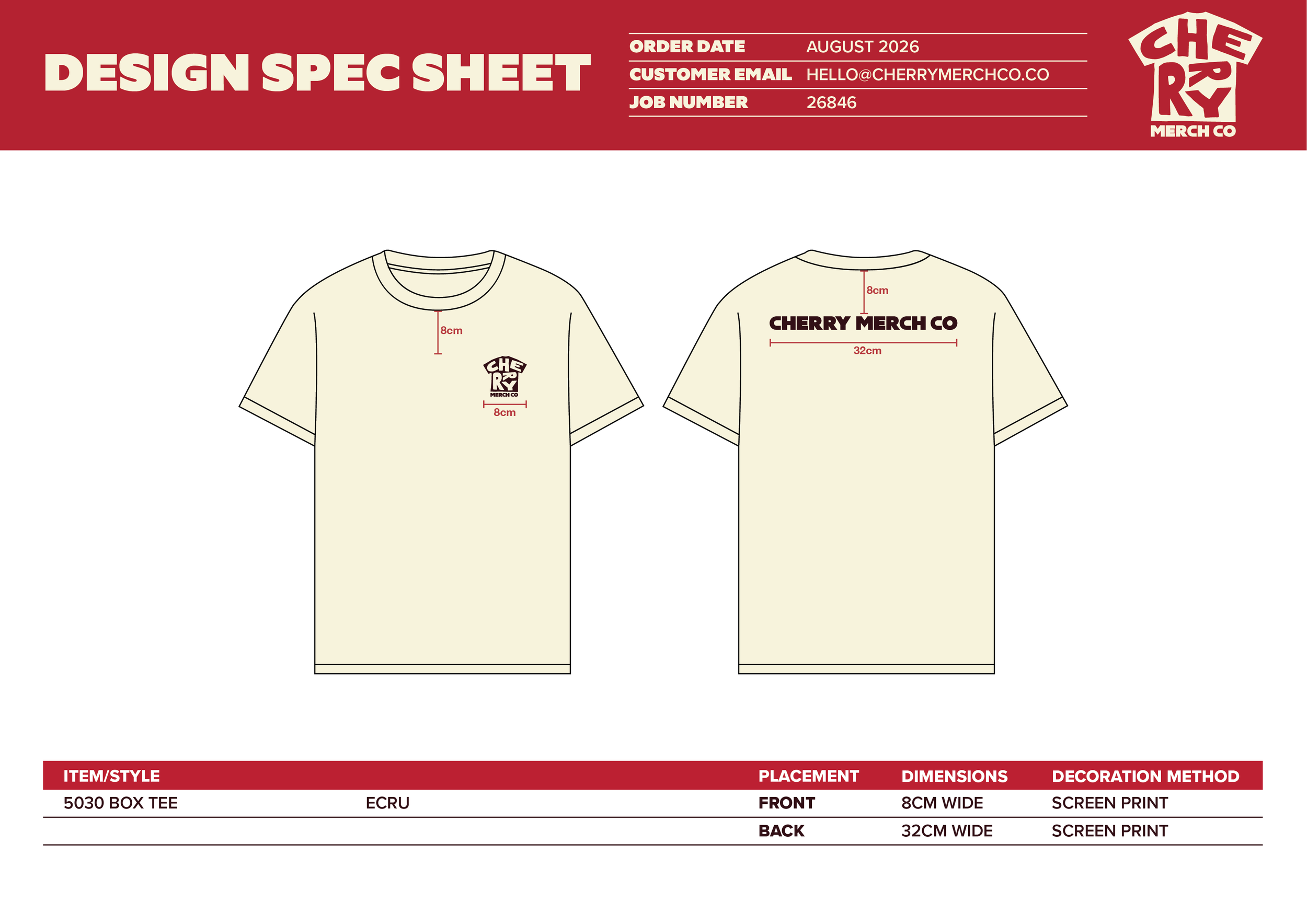 Design spec sheet for a Cherry Merch Co. box tee shirt, showing front and back views with measurements for placement and dimensions, and print method details.