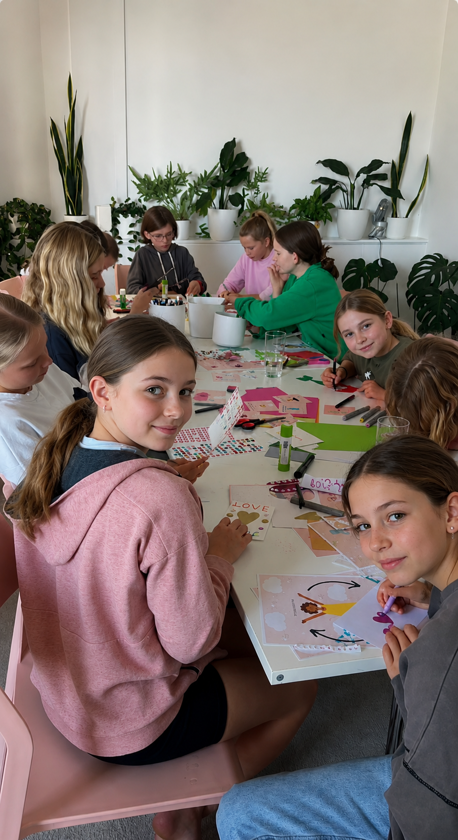 A group of children sitting around a table engaged in arts and crafts activities. Some are drawing and cutting paper, with decorative supplies and papers spread on the table. The room has potted plants along the back wall and a white wall background.