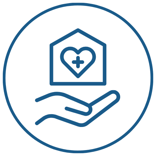 Icon of a hand holding a house with a heart and medical cross inside, representing healthcare or medical services.