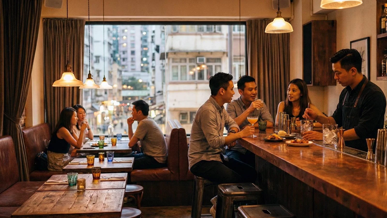 Warm intimate Hong Kong cocktail bar interior during golden hour, featuring unsealed copper bar counter with natural patina, worn leather banquettes, and raw wood surfaces.