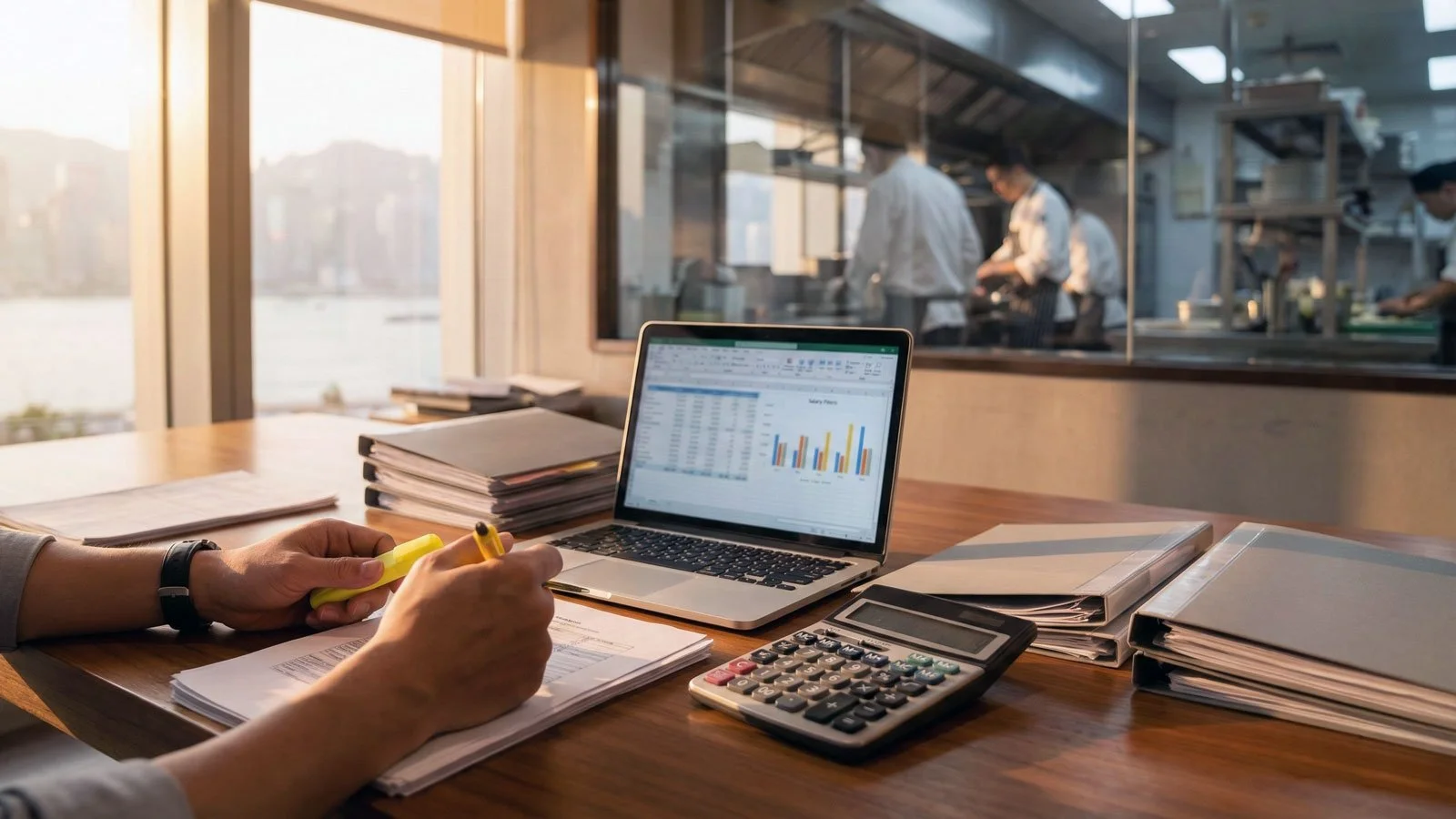 Modern Hong Kong restaurant back office during afternoon planning session, warm natural light from windows overlooking harbour.