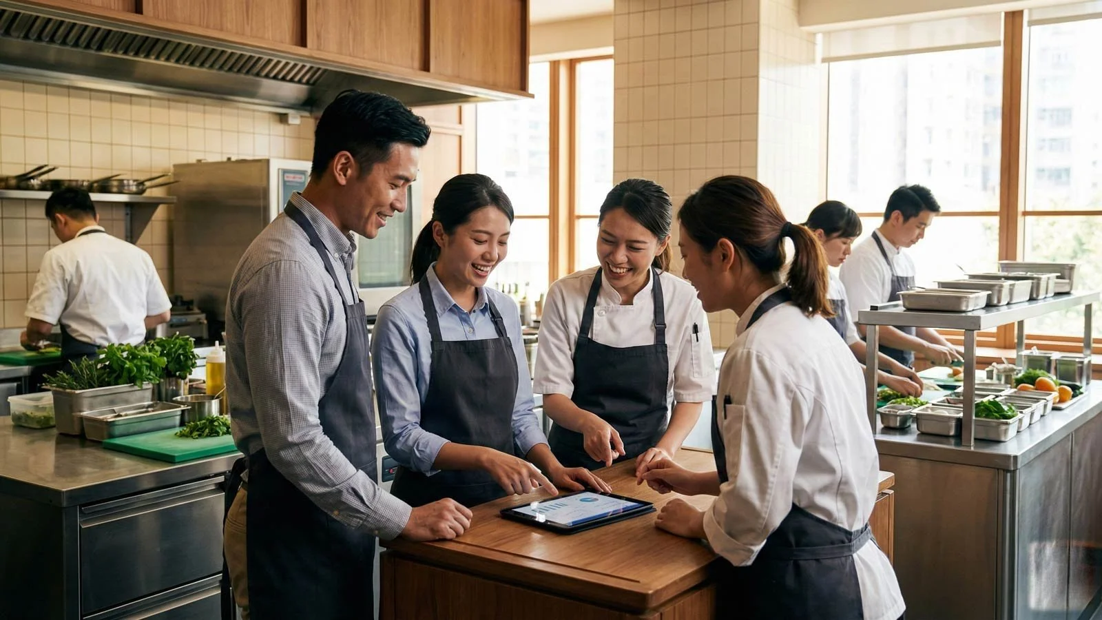 Hong Kong restaurant team collaborating with digital technology in modern kitchen, demonstrating operational excellence and staff development through team training and data-driven efficiency improvements