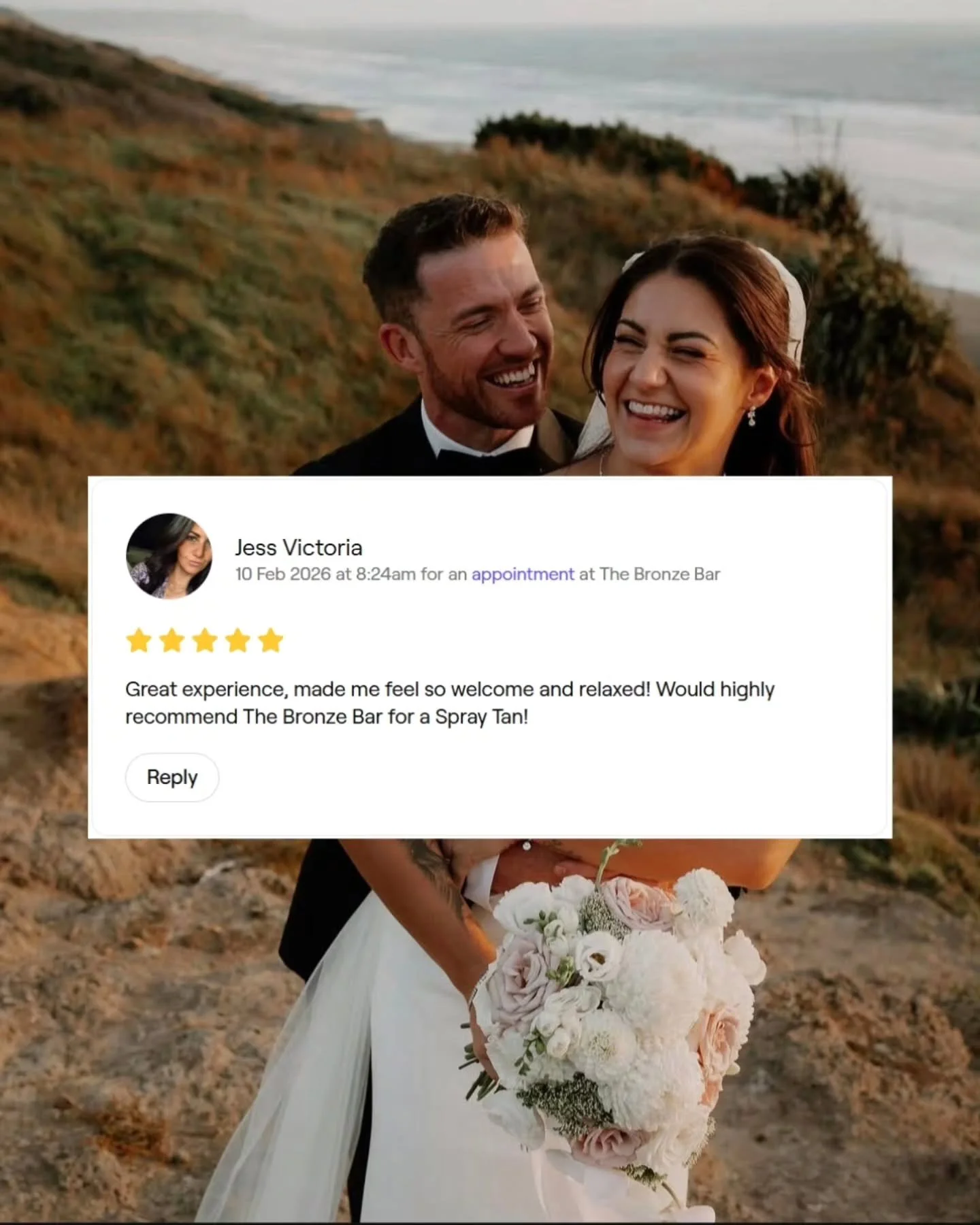 A bridal spray tan is more than just a tan...

It's about the way you stand a little taller the moment you step into your dress.

It's that hit of confidence that let's you focus on the day knowing that every picture and every angle will be perfect.
