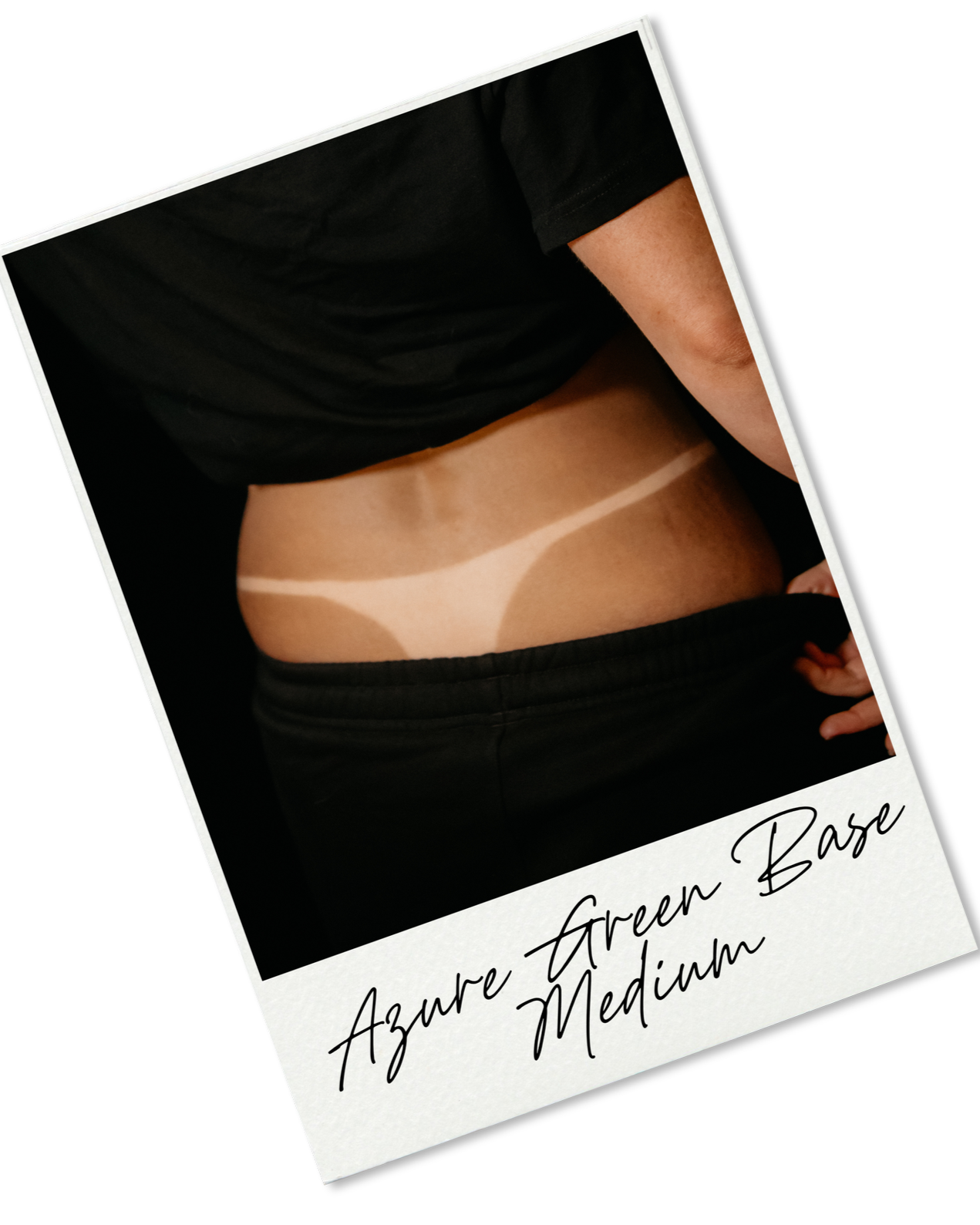 Lower back tan line result featuring Azure Green Base Medium custom spray tan.