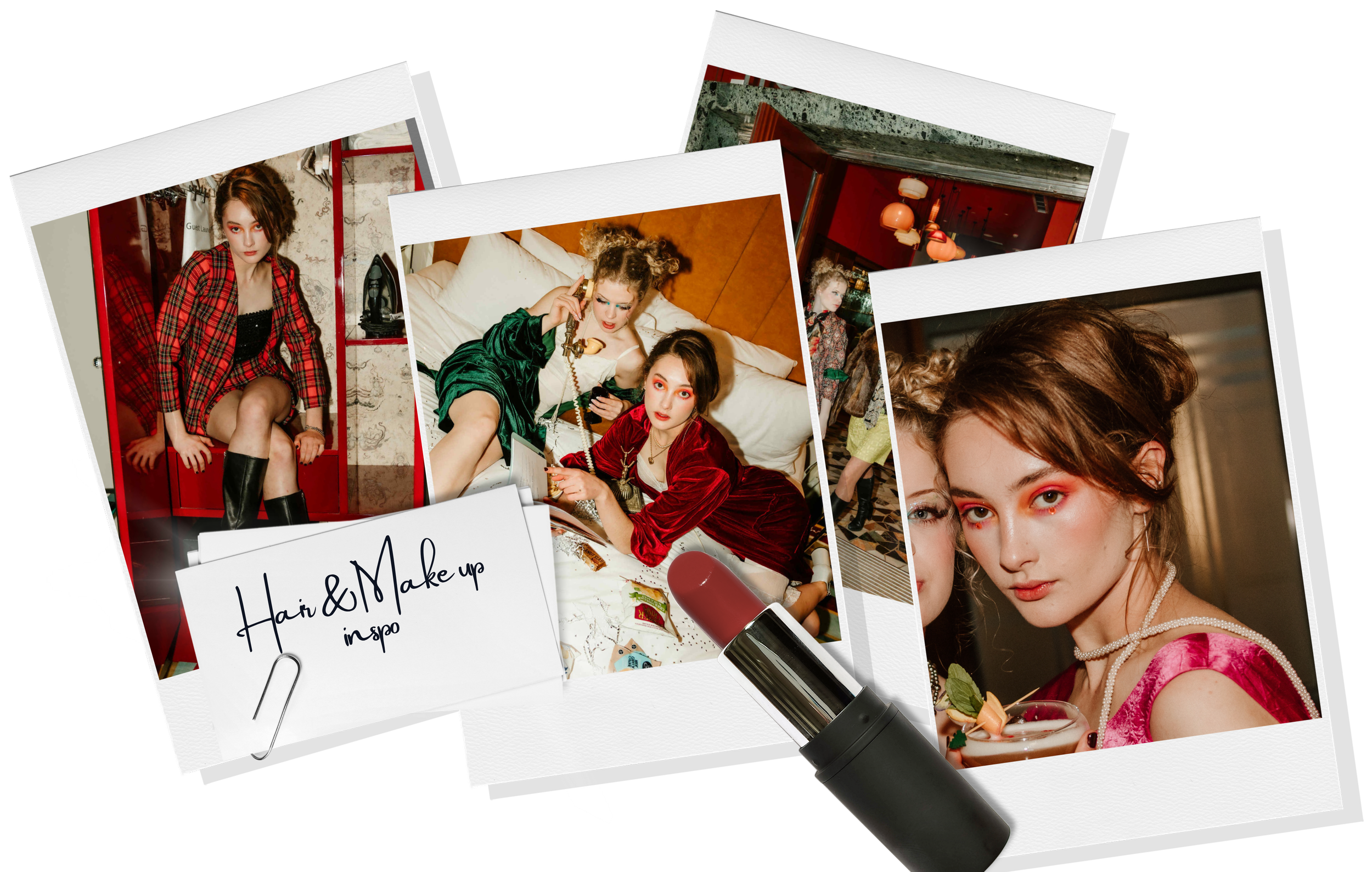 Collage of Polaroid photos featuring chic event hair and bold eye makeup inspiration with the text "Hair & Makeup inspo".