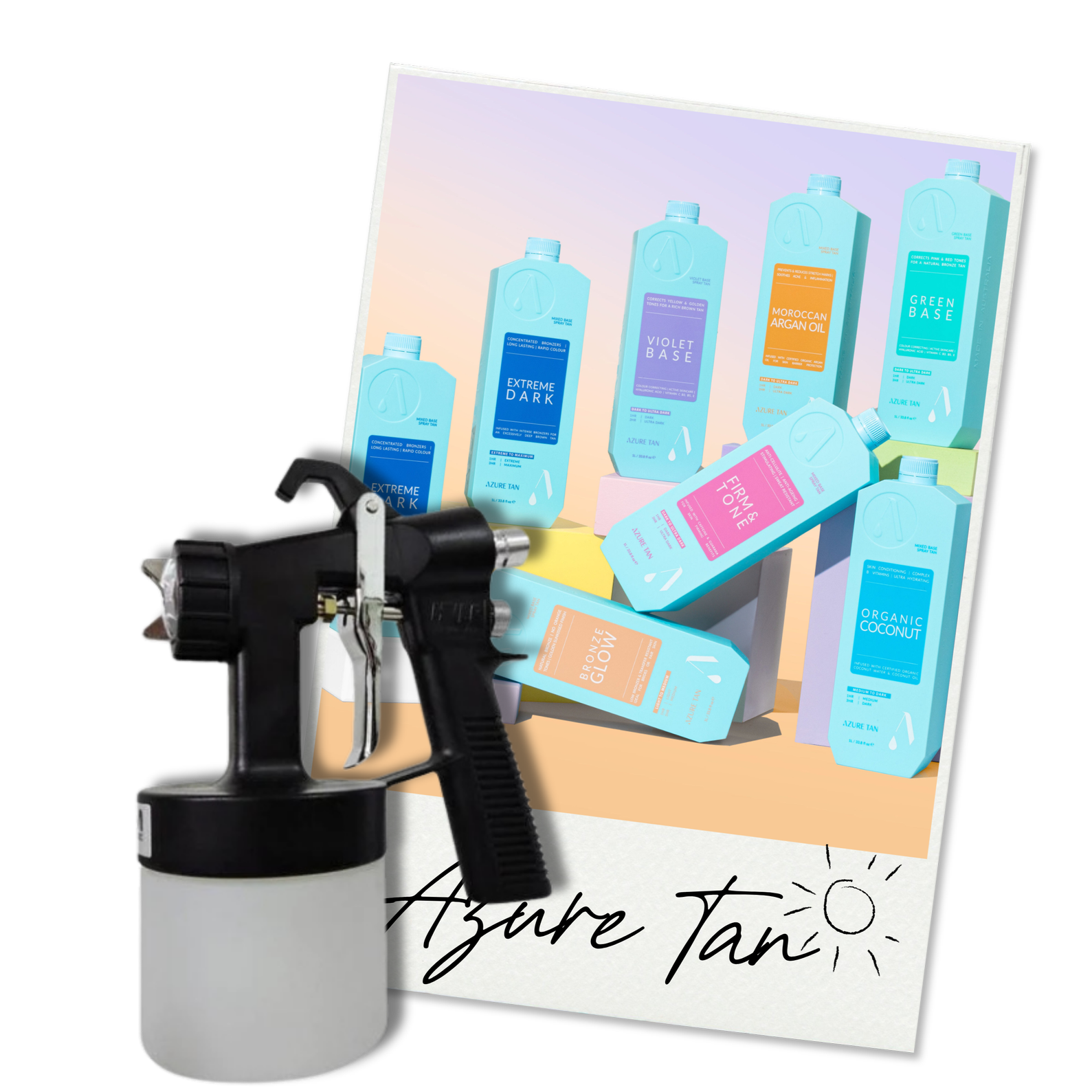 Professional spray tan gun in front of Azure Tan professional tanning solutions including Extreme Dark, Violet Base, and Green Base formulas.