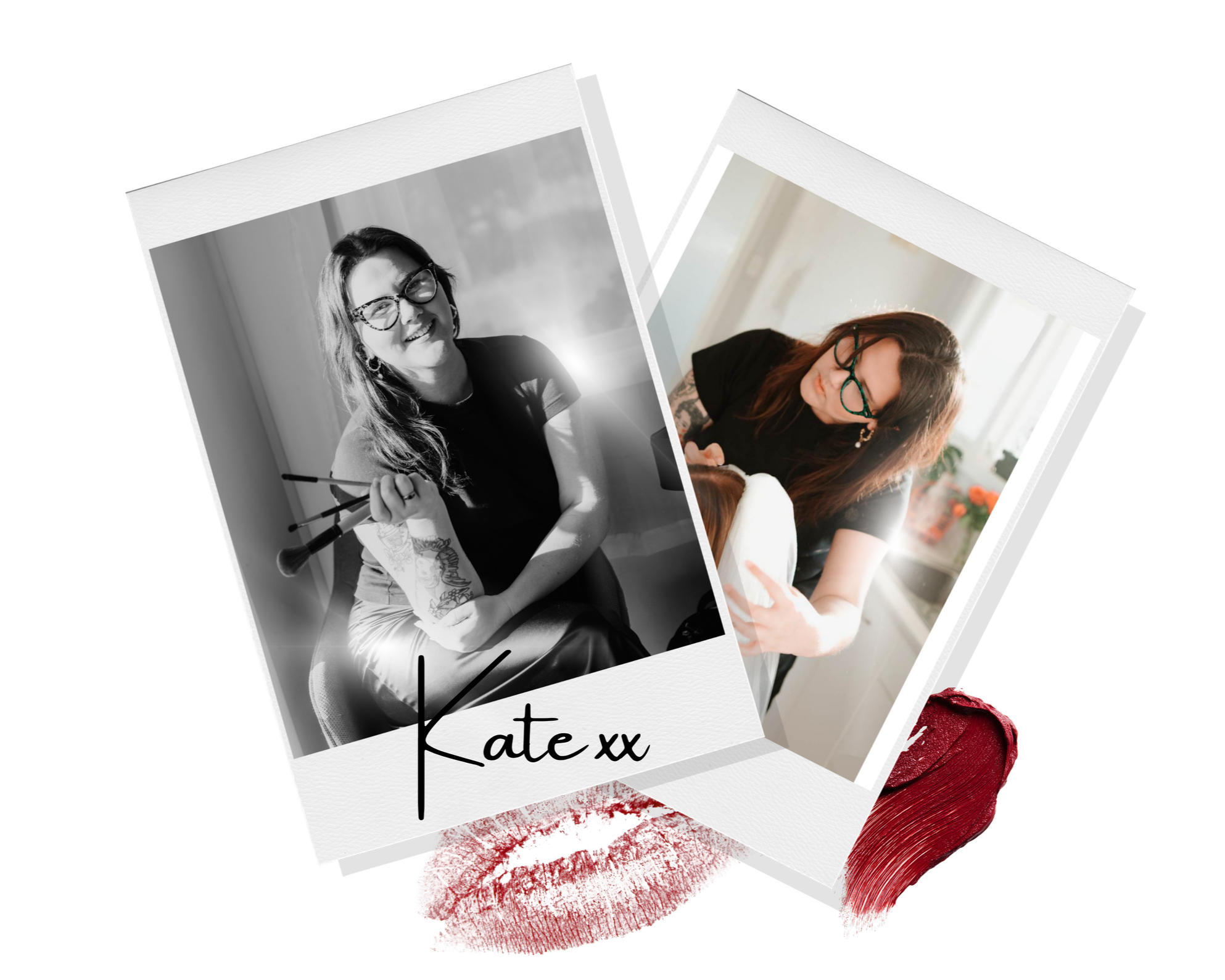 Two photos of women with glasses, one black and white and one in color. The woman in the black and white photo has long hair, tattoos, and is smiling while holding makeup brushes. The woman in the color photo has curly hair and is looking down, possibly at a phone or makeup.