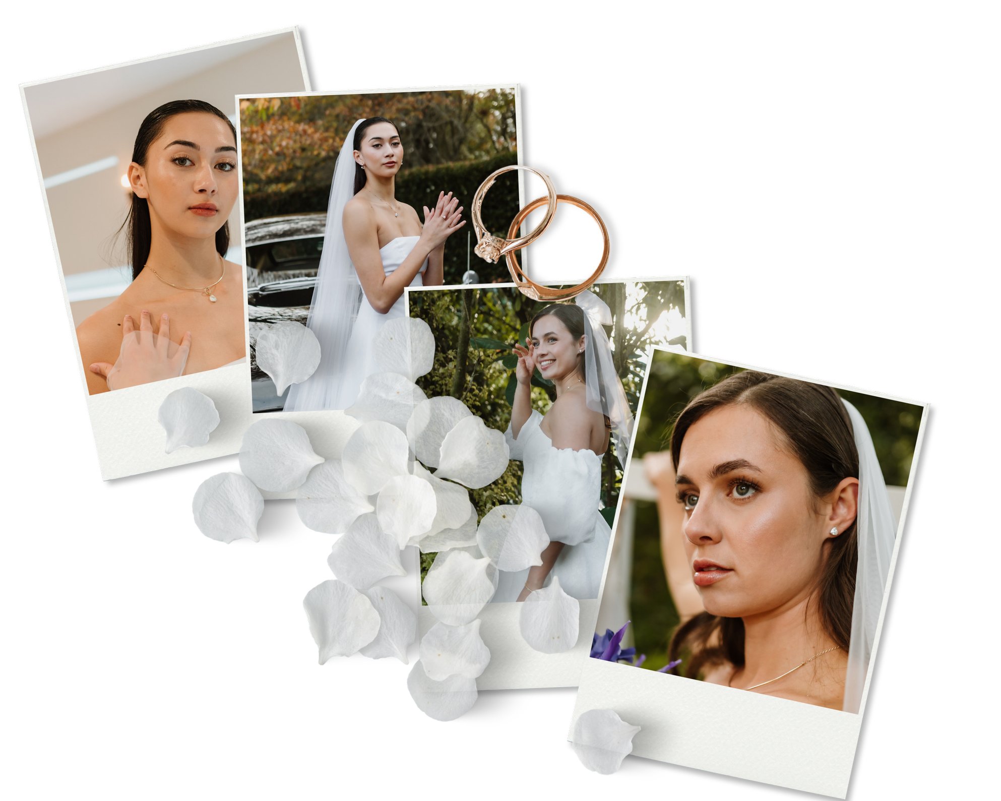 Collage of wedding photos featuring a bride with dark hair and a white dress, holding her hands in different poses, with wedding rings and flower petals.