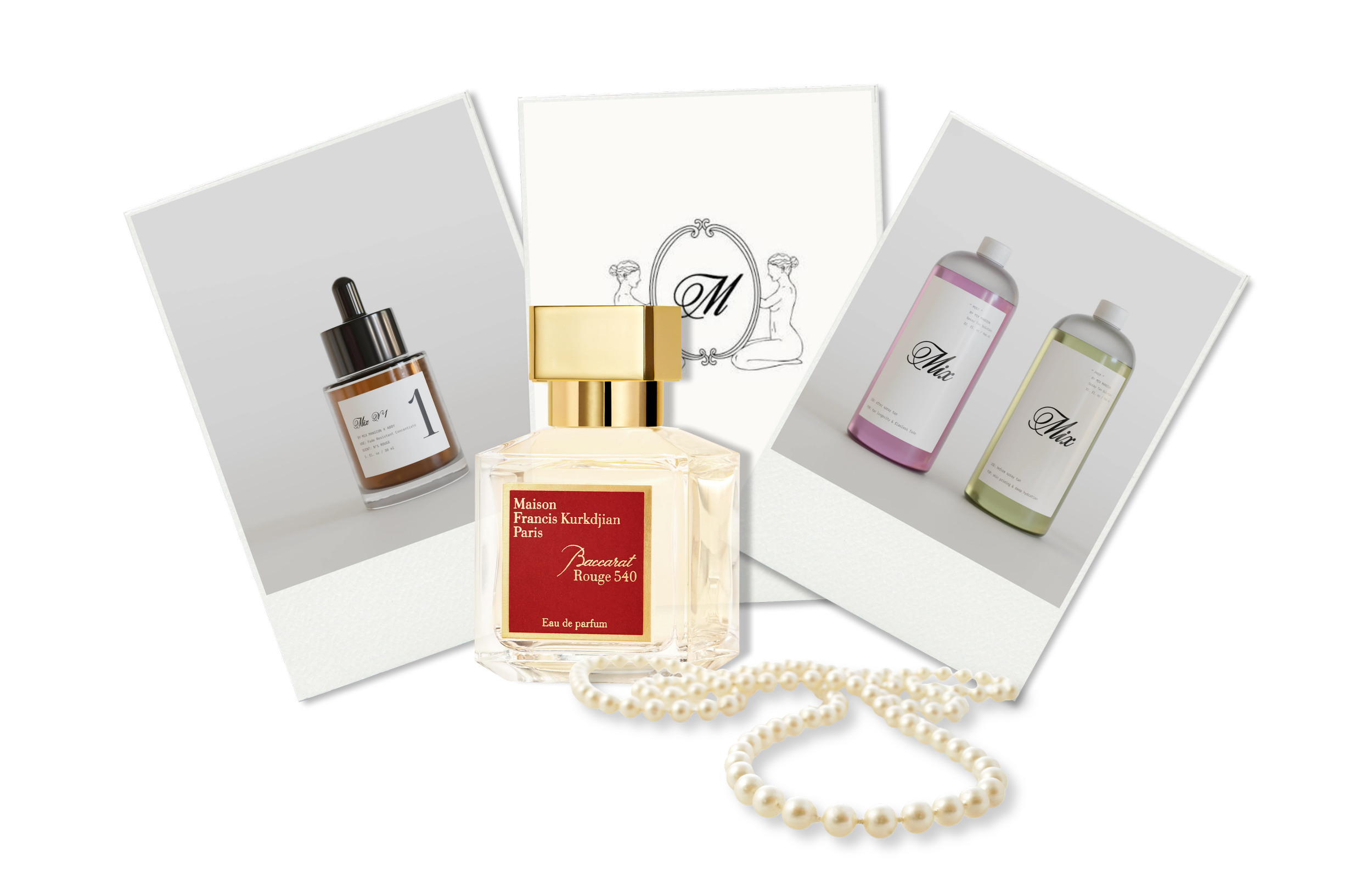 Exclusive Mix Sunless spray tan prep and post treatments with Mix N°1 Rouge scent additive and Baccarat Rouge 540 perfume display.