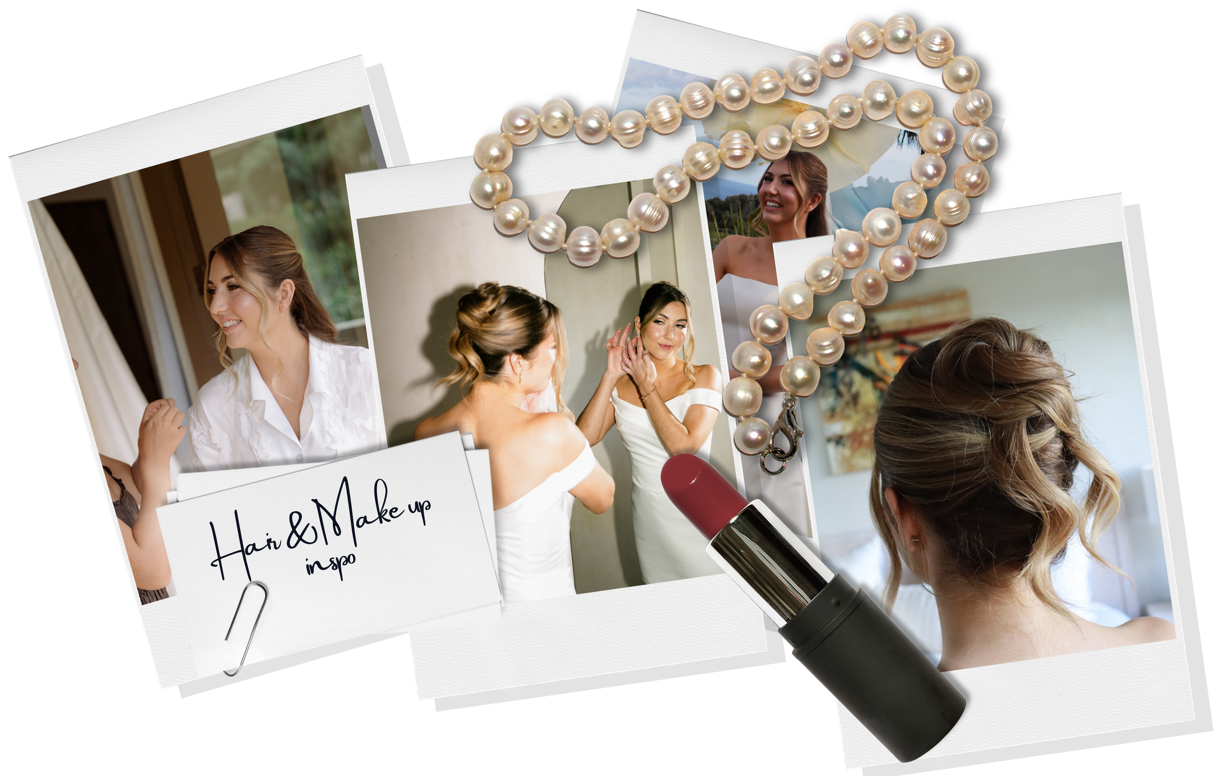 A collage of photographs showing a woman with styled hair and makeup, a pearl necklace, a lipstick, and a hand holding a sign that reads "Hair & Makeup inspo."