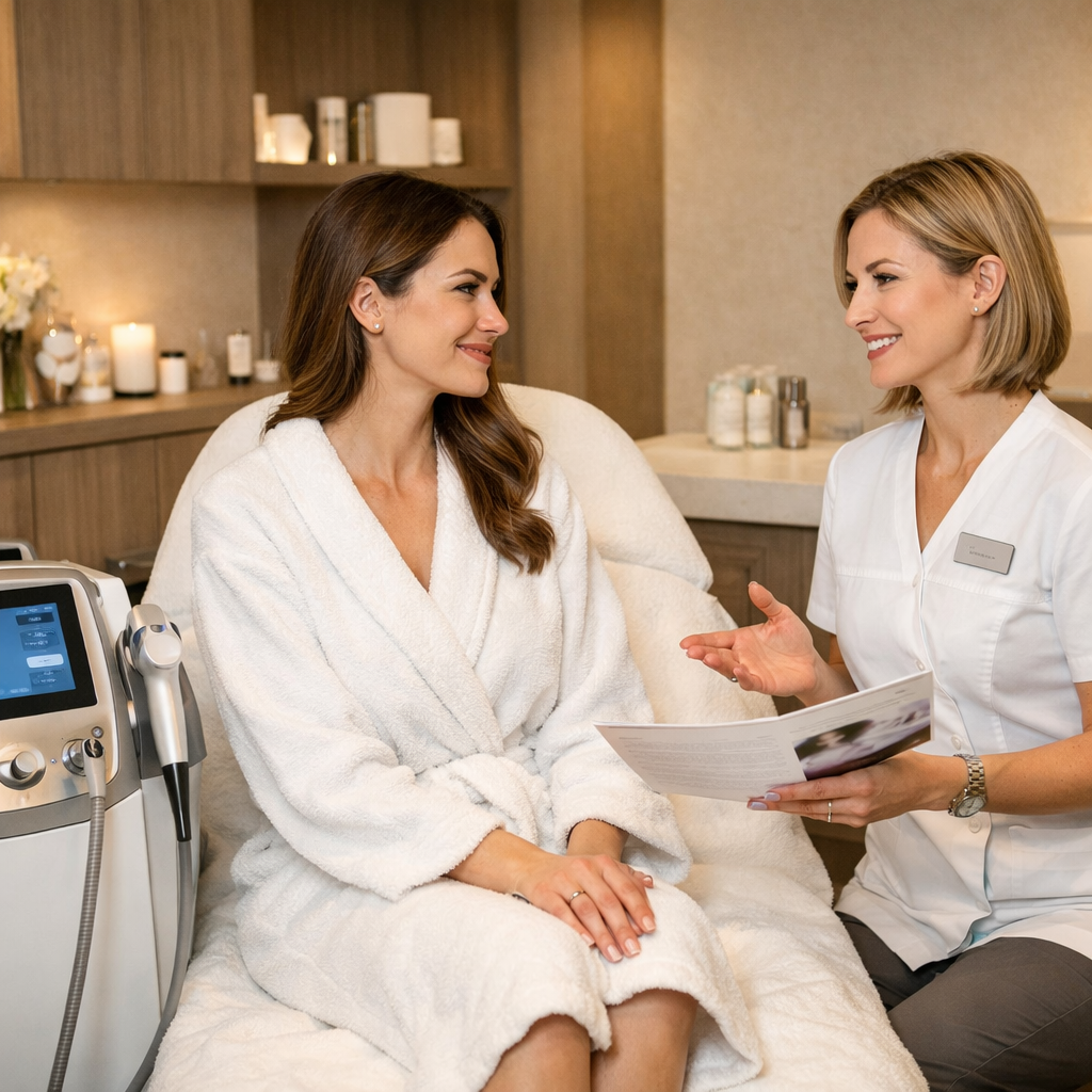 Consultation for RF skin tightening treatment at a medical spa clinic