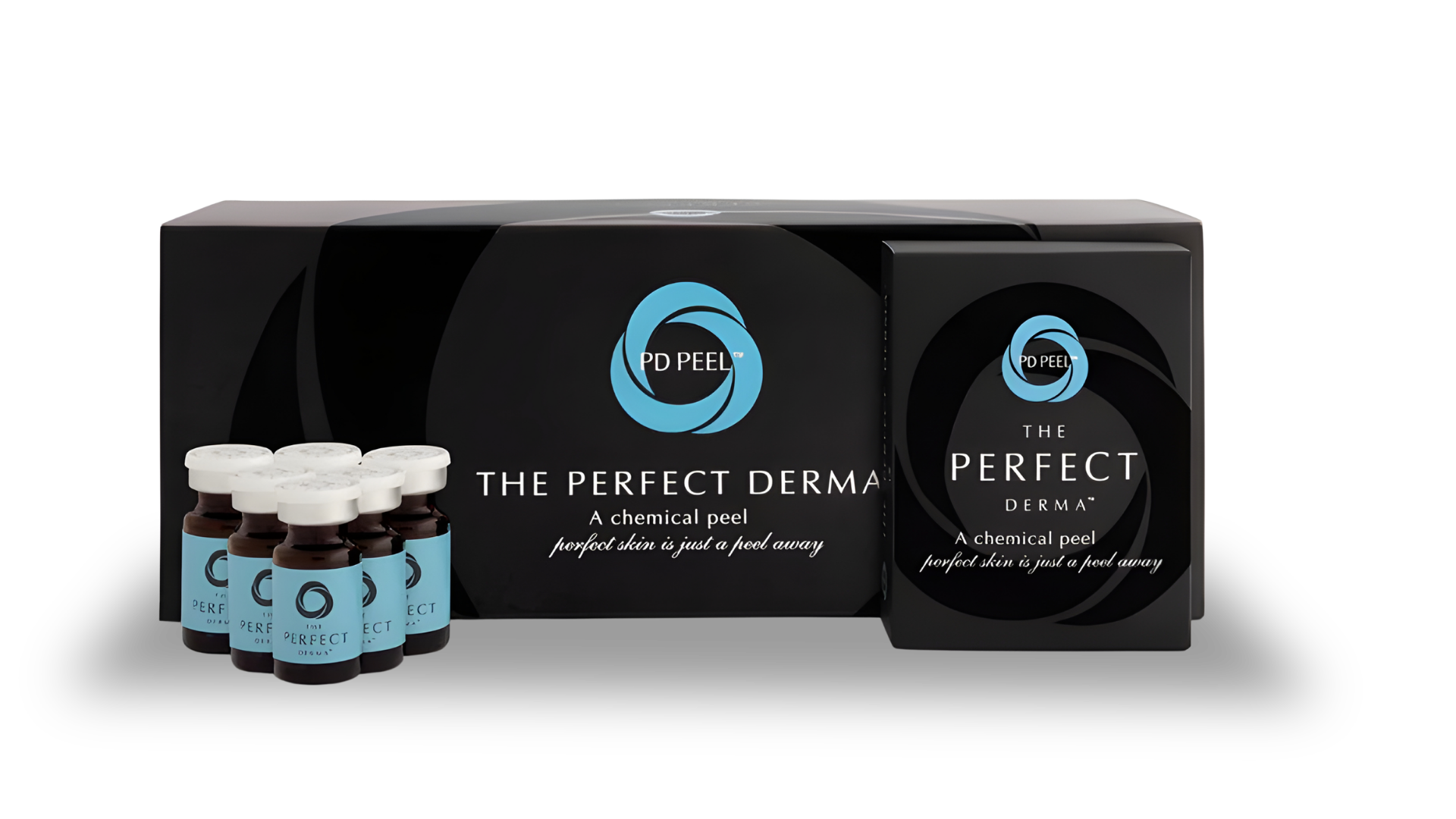 Box of PD Peel The Perfect Derma chemical peel kits, including small vials with blue labels and black caps, and packaging with black and blue design and branding.